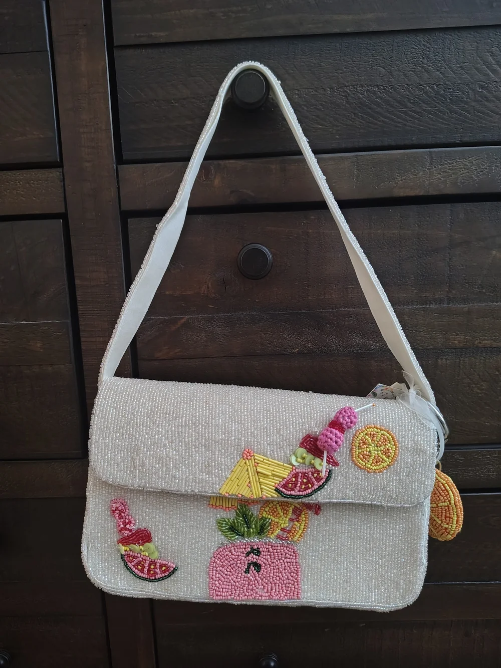 White Beaded Shoulder Bag with Colorful Coctail & Fruit Embellishments